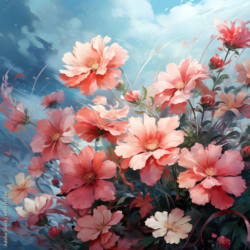 Pink Flowers in a Sky Painting Pink Flowers in a Sky Painting