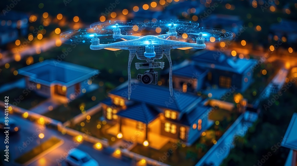 High-Tech Night Drone Captures Suburban Neighborhood with Illuminated Houses and Vibrant Lights High-Tech Night Drone Captures Suburban Neighborhood with Illuminated Houses and Vibrant Lights