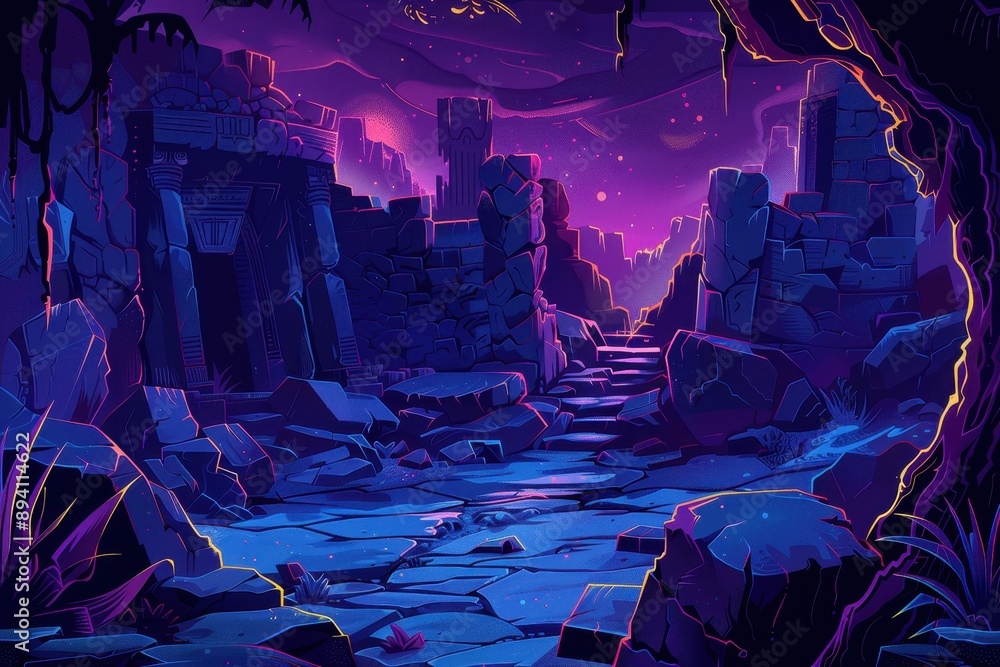 Mysterious ruins of an ancient alien civilization bathed in the light of a purple moon Mysterious ruins of an ancient alien civilization bathed in the light of a purple moon