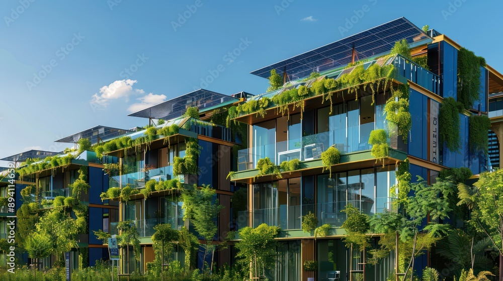 Obraz premium eco-friendly corporate building with solar panels, green roofs, and sustainable design features