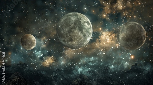 Stunning astronomy concept backdrop featuring a cosmic nebula with bright stars, galactic clouds, and celestial bodies against a deep space background - ideal for educational, scientific, and cosmic e © Ashi