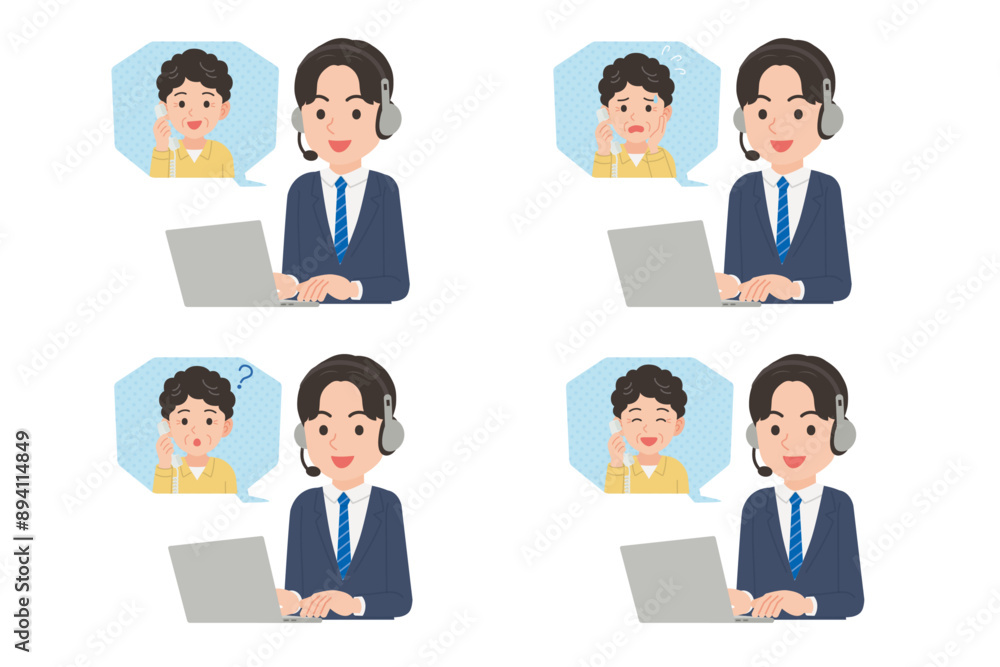 シニアと会話する男性オペレーター 表情セット シニアと会話する男性オペレーター 表情セット