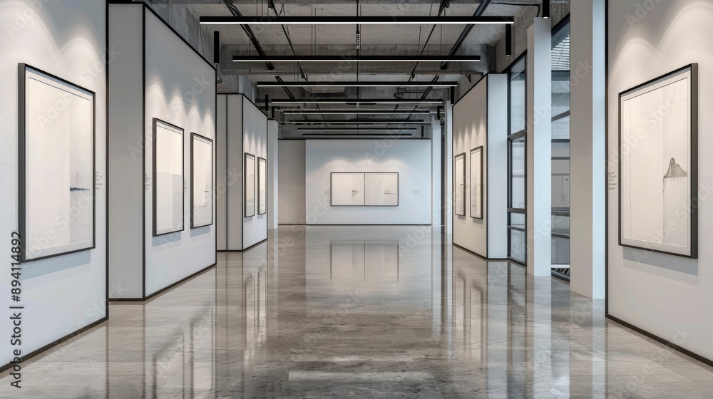 Naklejka premium Blank wall frame in a modern, white-walled gallery space