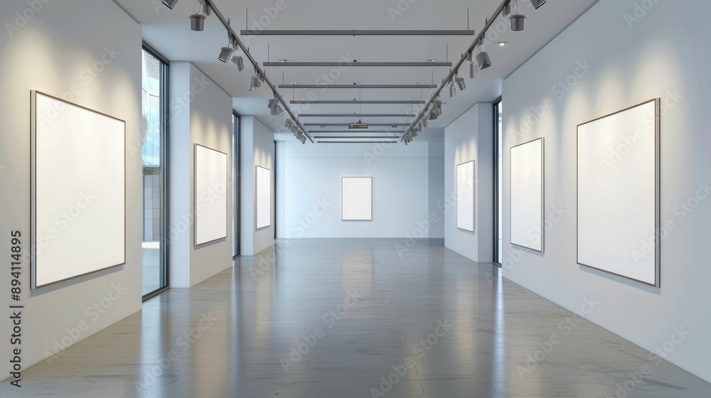 Blank wall frame in a modern, white-walled gallery space Blank wall frame in a modern, white-walled gallery space