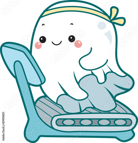 Illustration of cute white ghost icon.
Funny white ghost in activities stickers.
A cute white ghosts workout in the gym.