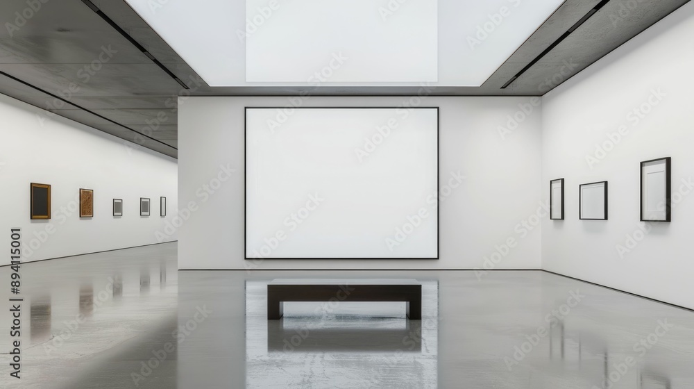 Blank wall frame in a modern, white-walled gallery space Blank wall frame in a modern, white-walled gallery space
