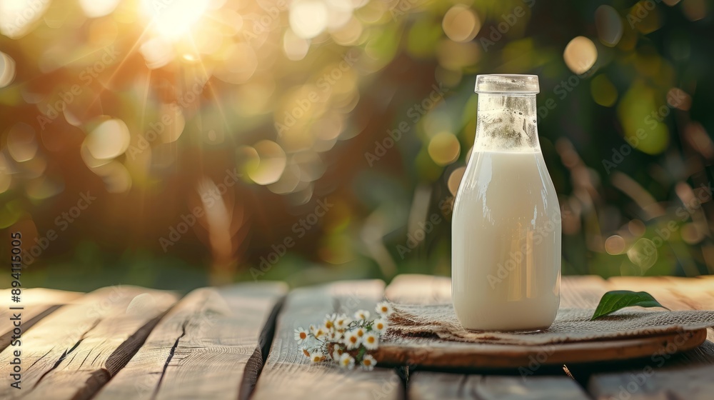 Beautiful glass bottle of milk on wooden desk table with nature background - ideal for food and drink concepts, dairy product promotions, and natural lifestyle themes with space for text, cards, banne Beautiful glass bottle of milk on wooden desk table with nature background - ideal for food and drink concepts, dairy product promotions, and natural lifestyle themes with space for text, cards, banne