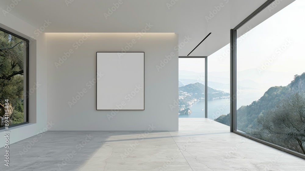 Obraz premium Blank wall frame in a modern, white-walled gallery space