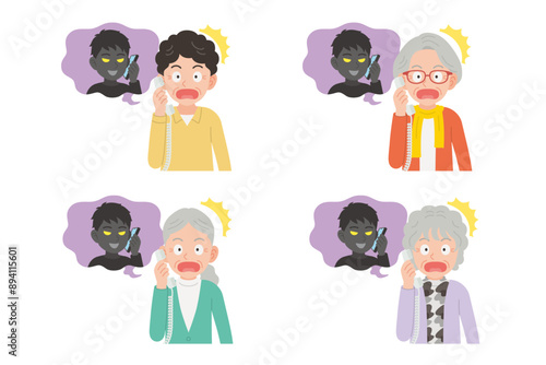 詐欺師と固定電話で通話するシニア　表情セット