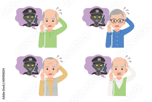 詐欺師と固定電話で通話するシニア　表情セット
