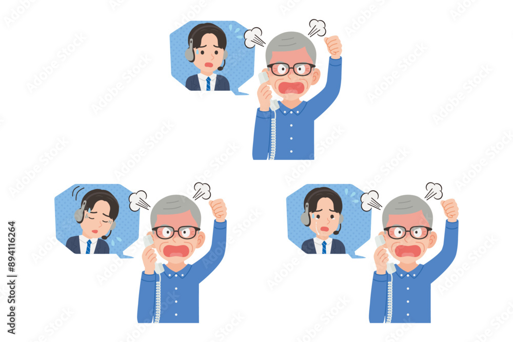 オペレーターに固定電話で苦情を言うシニア 表情セット オペレーターに固定電話で苦情を言うシニア 表情セット