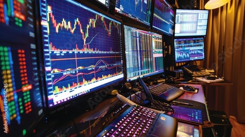 Multiple computer monitors displaying stock market charts and trading data in a financial office setting. © Yotwarit