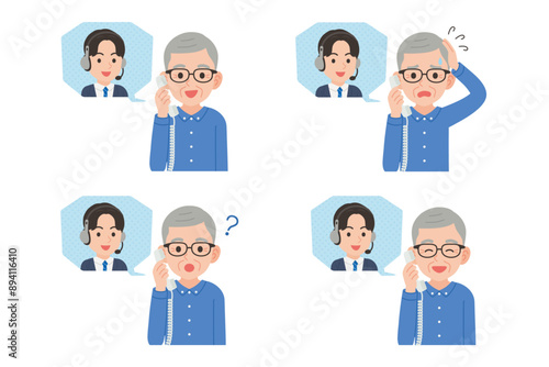オペレーターと固定電話で通話するシニア　表情セット