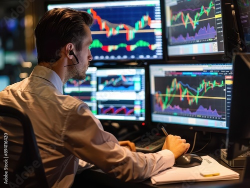 Focused stock trader analyzing market data on multiple monitors in a dimly lit office, tracking financial charts and graphs intensely.
