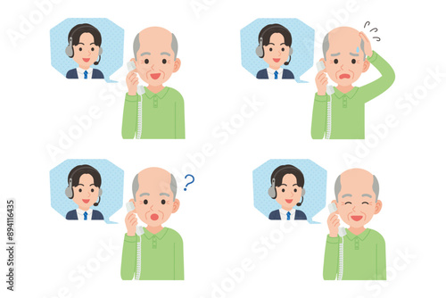 オペレーターと固定電話で通話するシニア　表情セット