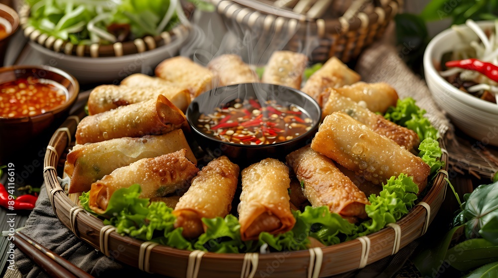 Deep fried spring rolls, popiah. Hot spicy fried popia filed with bean sprouts and nuts. Malaysian traditional dessert. Deep fried spring rolls, popiah. Hot spicy fried popia filed with bean sprouts and nuts. Malaysian traditional dessert.