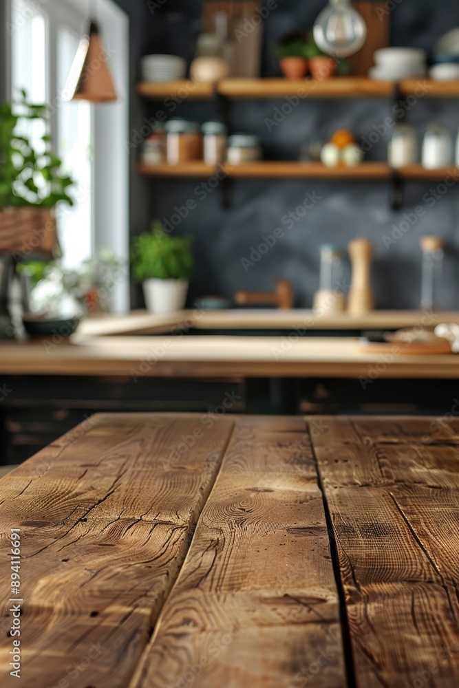 Rustic Wooden Kitchen Table with Modern Kitchen Background and Shelves with Plants and Utensils Rustic Wooden Kitchen Table with Modern Kitchen Background and Shelves with Plants and Utensils