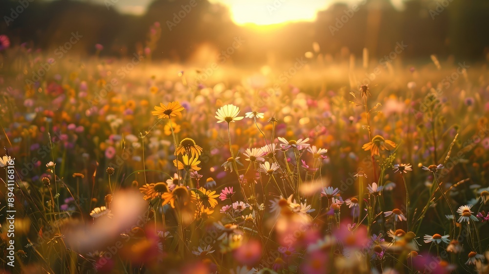Wildflowers Blooming at Sunrise in Countryside Meadow Wildflowers Blooming at Sunrise in Countryside Meadow