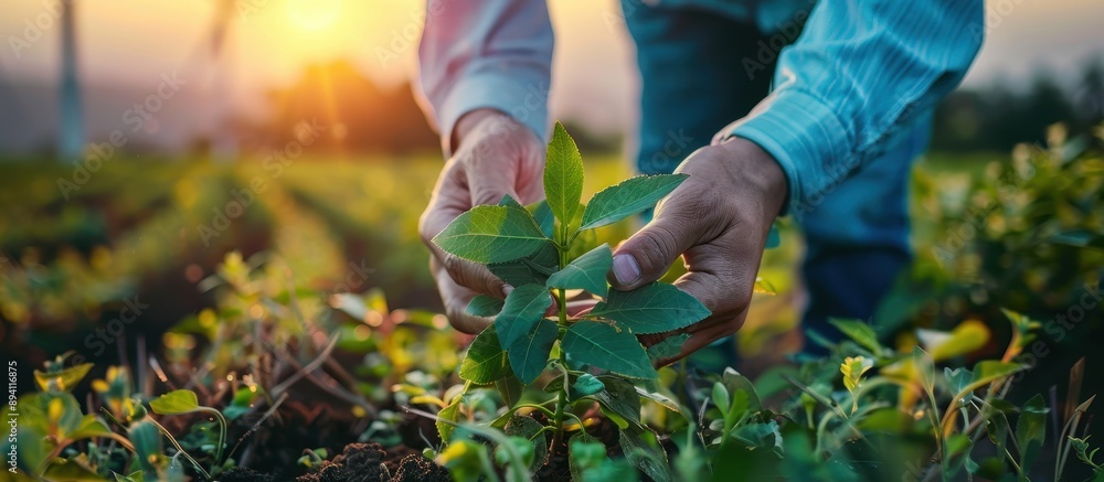 Naklejka premium Hands Planting Seedlings in a Garden at Sunset, Close-Up of Farmer's Hands Nurturing Young Plants in Soil
