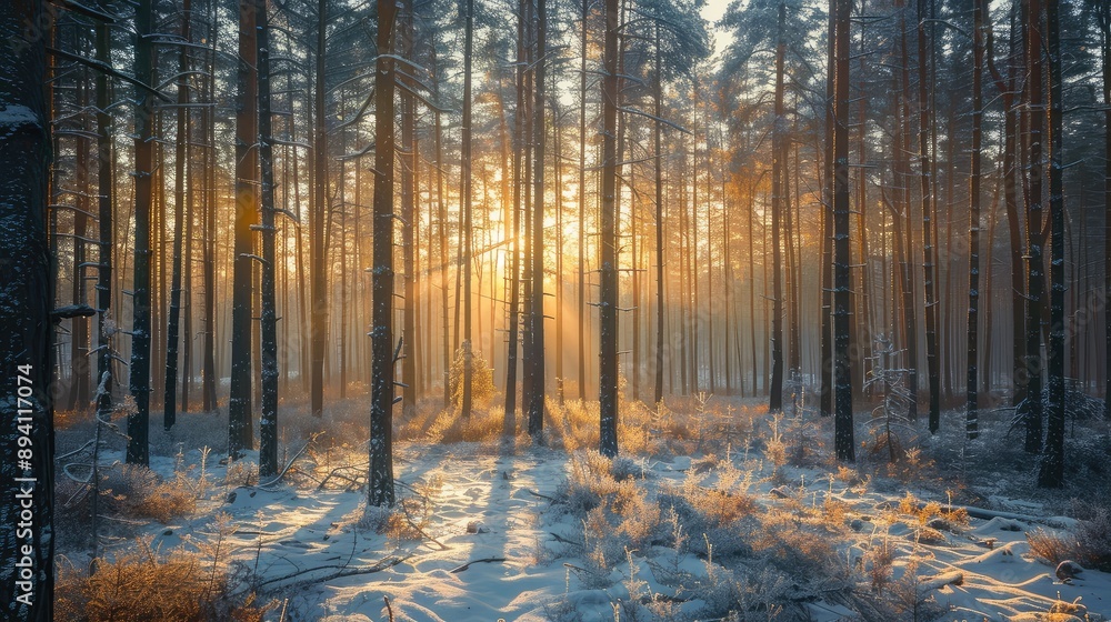 Serene Winter Forest Sunrise Through Trees Serene Winter Forest Sunrise Through Trees