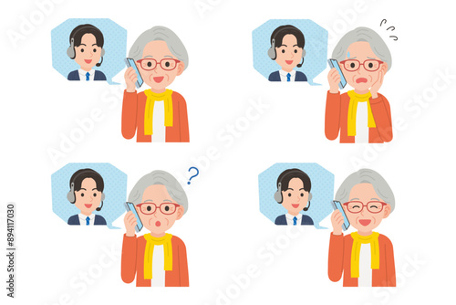 オペレーターとスマホで通話するシニア　表情セット