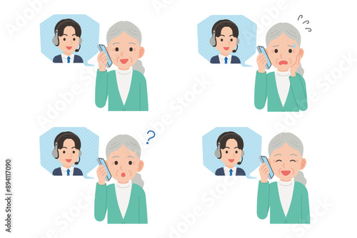 オペレーターとスマホで通話するシニア　表情セット