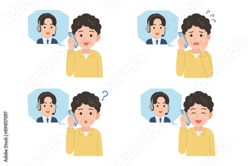 オペレーターとスマホで通話するシニア　表情セット