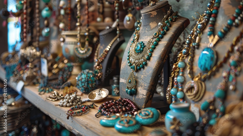 Vibrant Bohemian Jewelry Display in Artisan Boutique Vibrant Bohemian Jewelry Display in Artisan Boutique
