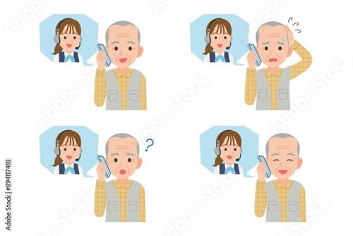 オペレーターとスマホで通話するシニア　表情セット