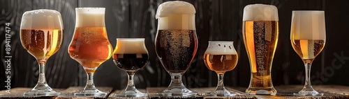 Different beer glasses showcasing various beer styles, International beer day, variety and richness photo