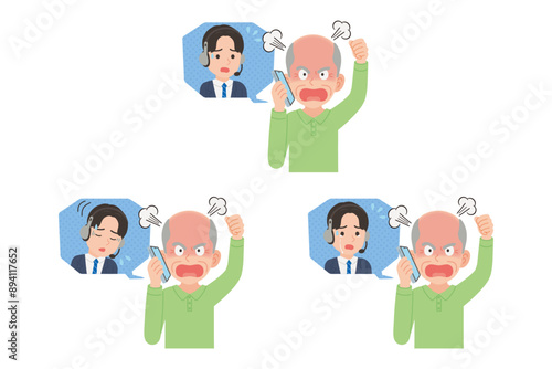 オペレーターにスマホで苦情を言うシニア　表情セット