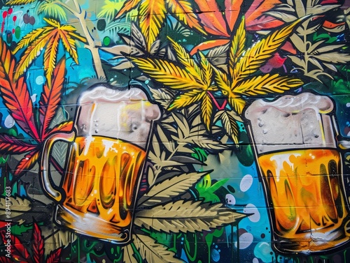 Urban mural featuring beer and cannabis together, beer cannabis street art, vibrant and cultural expression photo