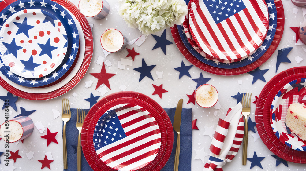 Obraz premium Patriotic Table Setting – Plates, Cutlery, Napkins, Flags for Labor Day, Fourth of July, Memorial Day