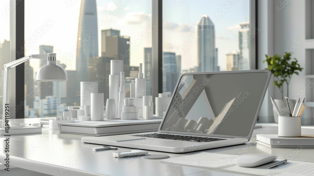 Clean workspace with an open laptop and a futuristic city model Clean workspace with an open laptop and a futuristic city model