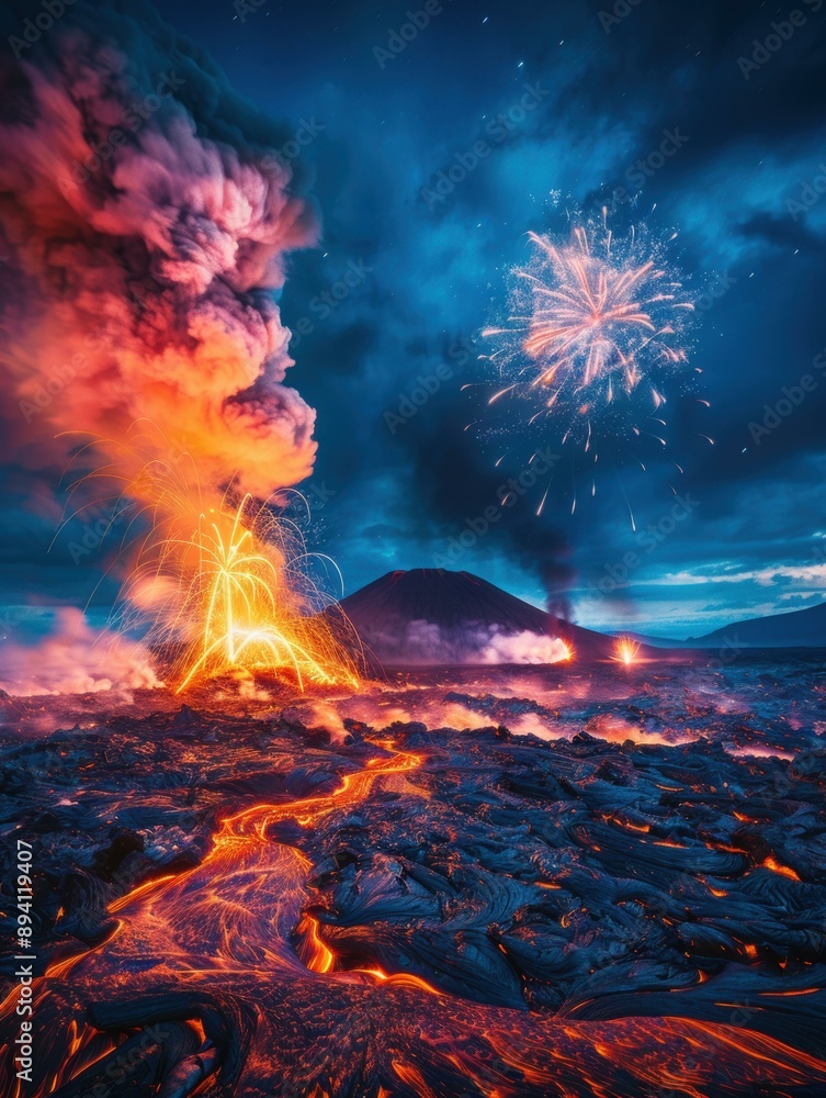 A fiery display of fireworks erupts over a flowing river of lava. AI. A fiery display of fireworks erupts over a flowing river of lava. AI.