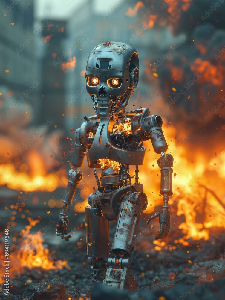 A robotic figure walks through a fiery wasteland. AI. A robotic figure walks through a fiery wasteland. AI.