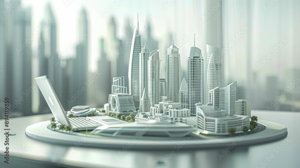 Clean workspace with an open laptop and a futuristic city model Clean workspace with an open laptop and a futuristic city model