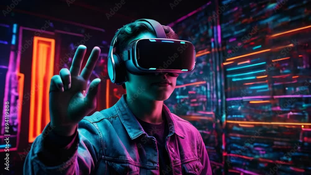 A young guy wearing virtual reality goggles. Neon beams in the background. Augmented reality concept A young guy wearing virtual reality goggles. Neon beams in the background. Augmented reality concept