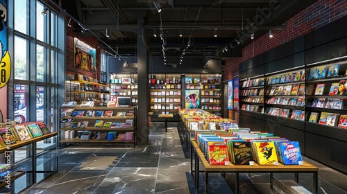 Modern Comic Book Store with Vibrant Displays and Ambient Lighting