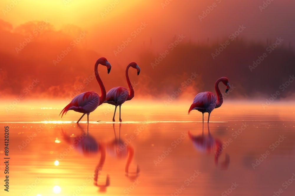 Naklejka premium Pink flamingos standing in a calm lagoon, their silhouettes and vibrant colors beautifully reflected in the still waters under the golden light of dawn.