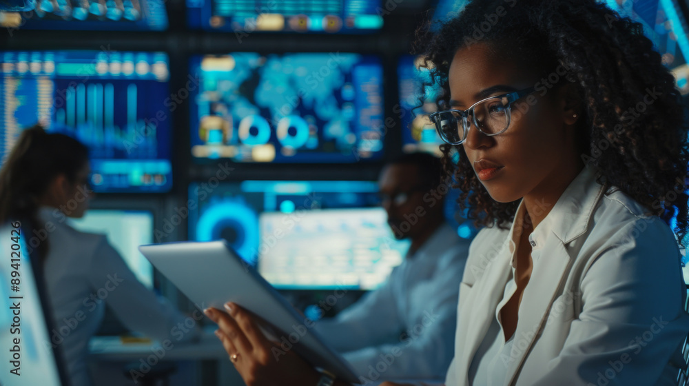 Data Driven Decisions: Young Woman Analyzes Information in Control Center Data Driven Decisions: Young Woman Analyzes Information in Control Center