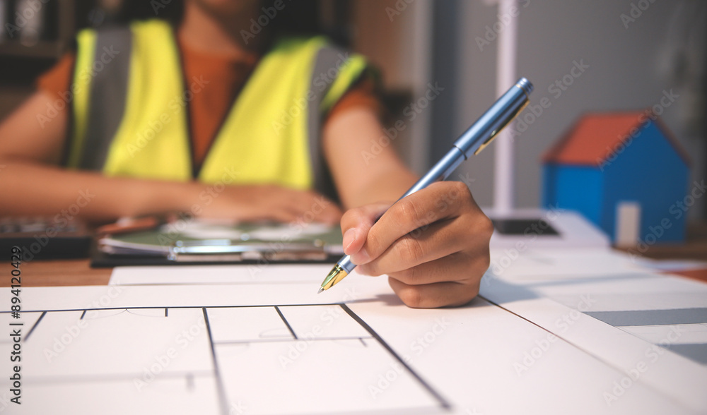 Female architect working at home She looked at the blueprint. Female architect working at home She looked at the blueprint.