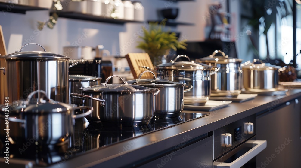 Modern Kitchen Counter with Stainless Steel Cookware Modern Kitchen Counter with Stainless Steel Cookware