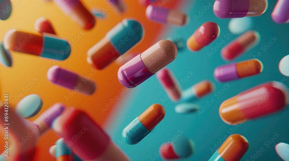 Close-up of colorful pills floating in mid-air Close-up of colorful pills floating in mid-air