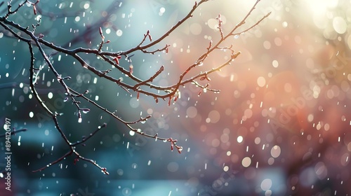 a blurry photo of a tree branch in the rain with water droplets on the branches and a blurry background.