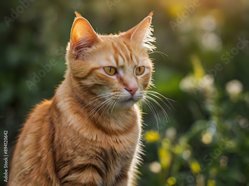 orange cat with blur background, orange cat is sitting and looking