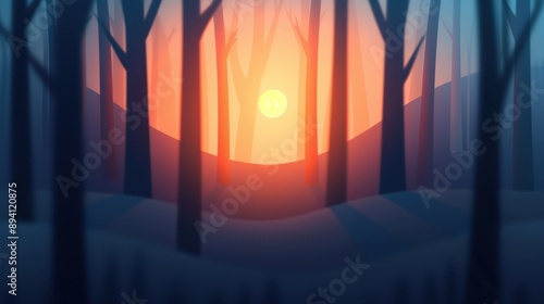 Beautiful sunrise in a serene winter forest with tall trees and a magical, glowing sky. Perfect for nature and landscape enthusiasts.