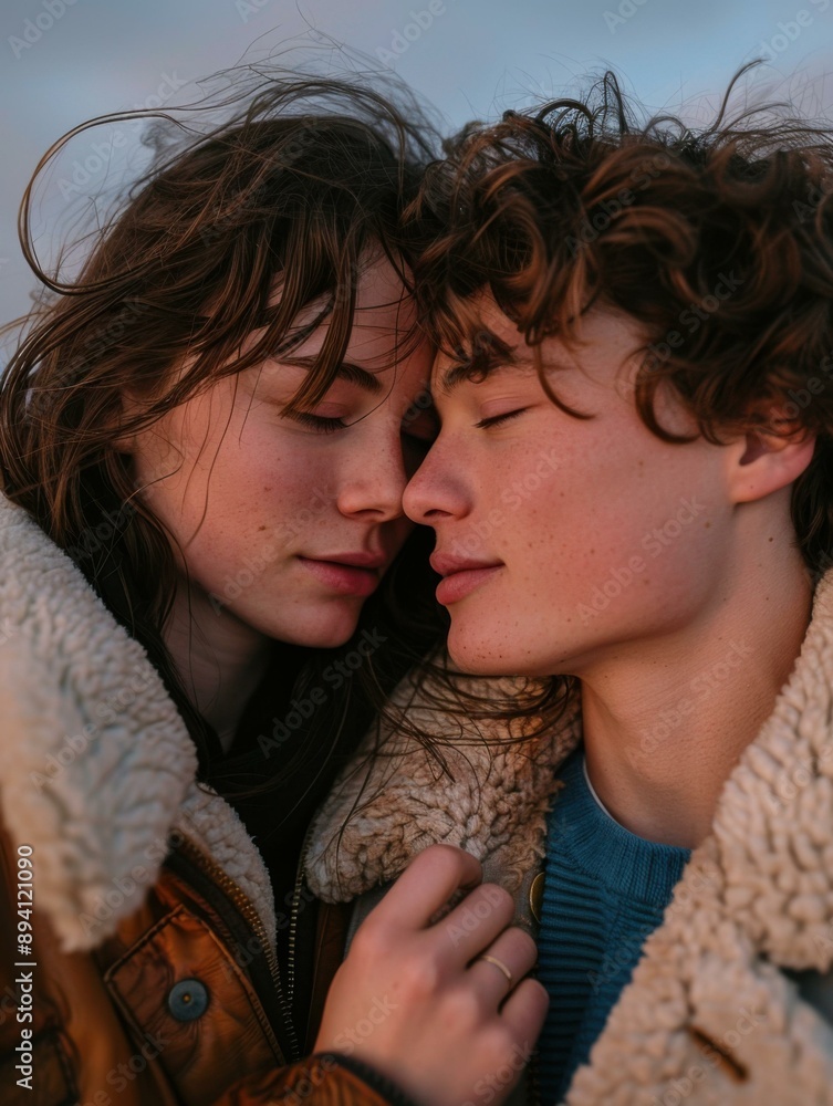 Two people are kissing each other while wearing jackets. AI. Two people are kissing each other while wearing jackets. AI.