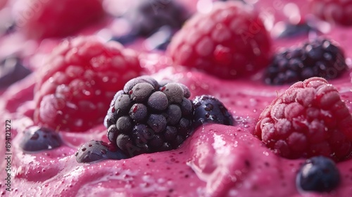 Close-up of fresh berries on a pink surface. AI.