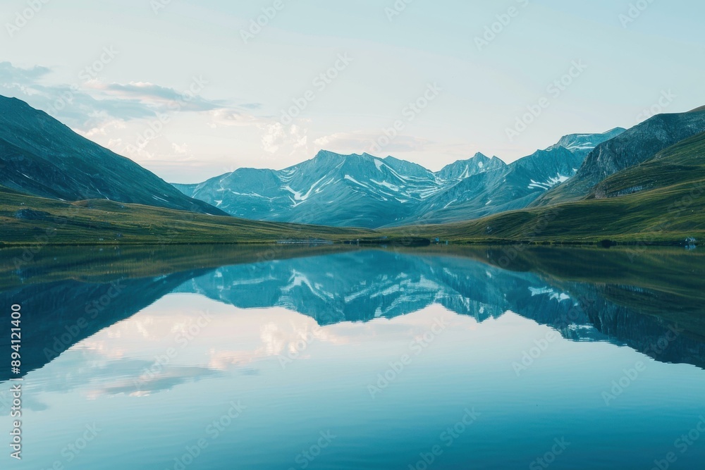 Mountains reflected in a still lake. AI. Mountains reflected in a still lake. AI.